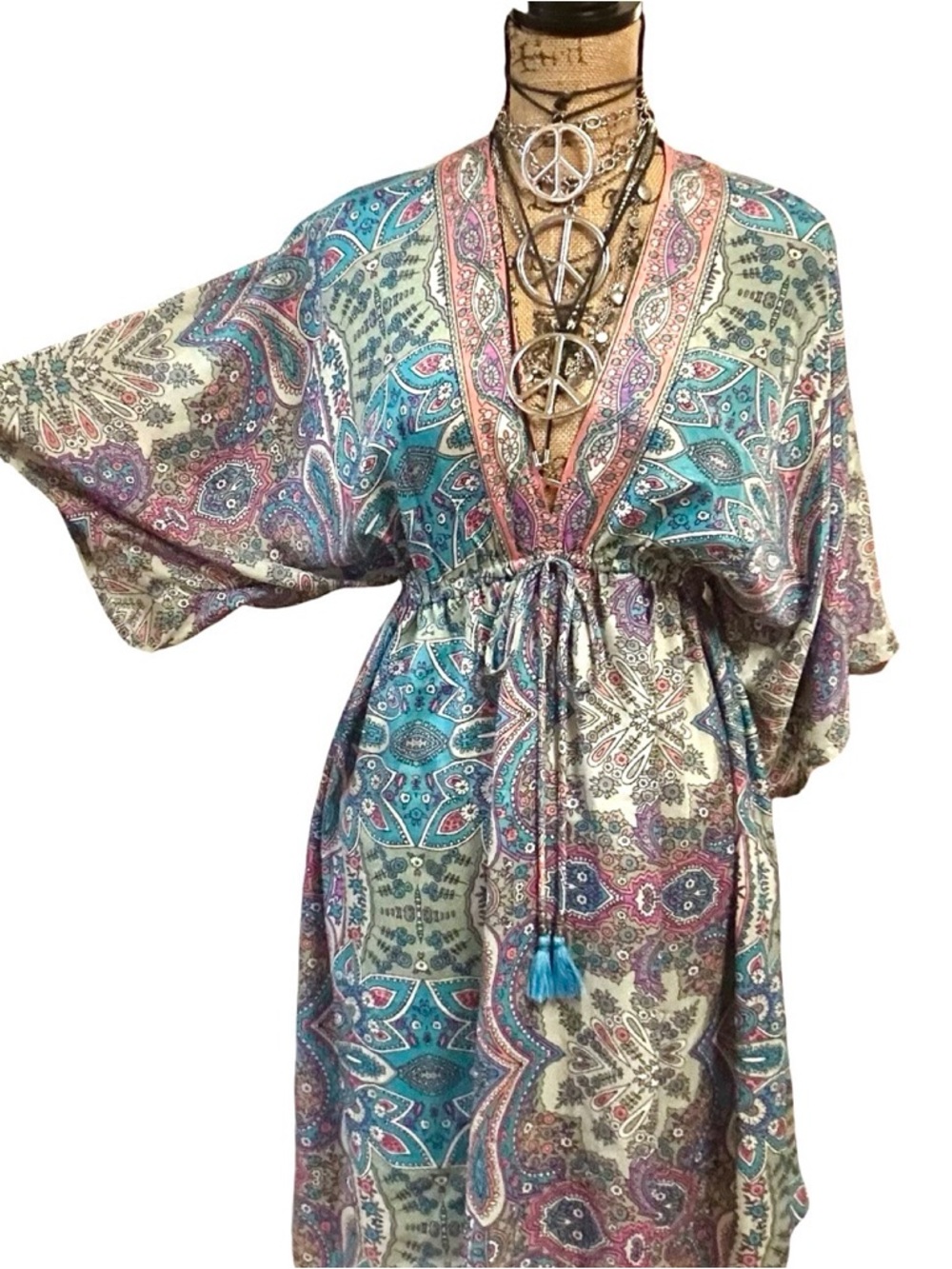 Festival Boho Paisley SHORT KIMONO STYLE DRESS - Teal Multi - OS - 70% SILK - Picture 4 of 17